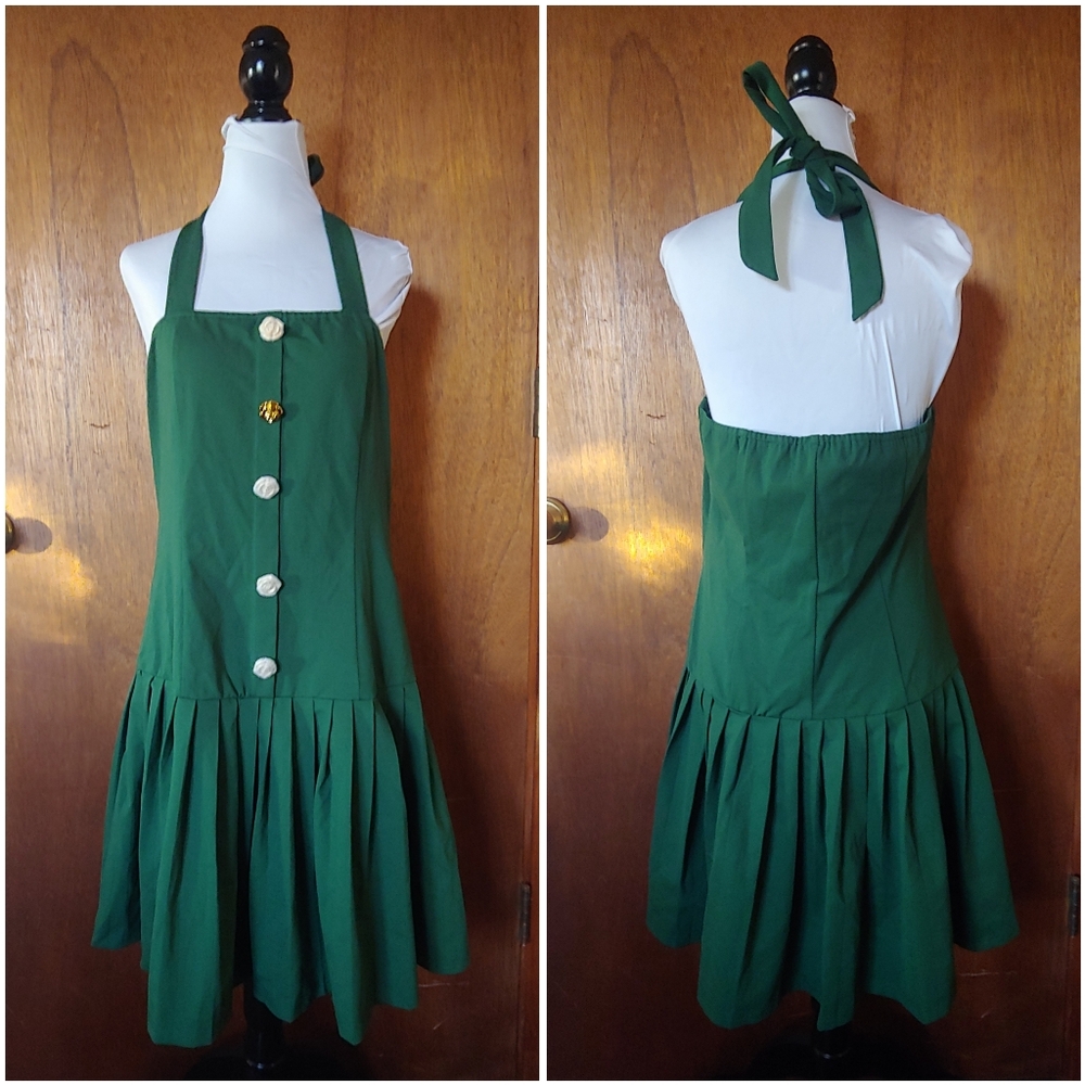 NWT Zesica Green Halter Square Pleated Skirt Gold Button Swing Mini Dress XL - Picture 4 of 15